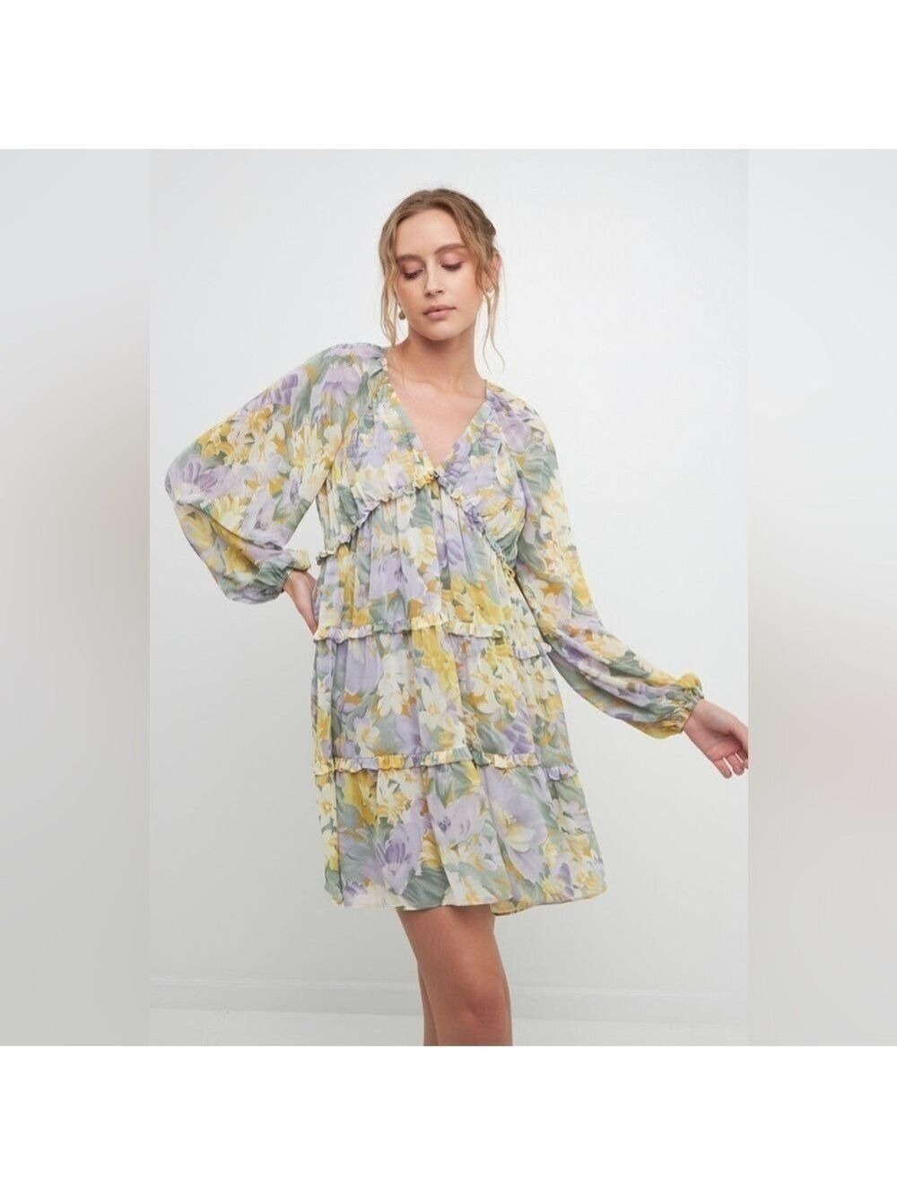 Free The Roses Voluminous Flowy Floral Mini Dress with Long Sheer Puff Sleeves - Picture 4 of 14